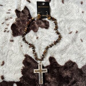 Elegant Brown Beaded Cross Necklace